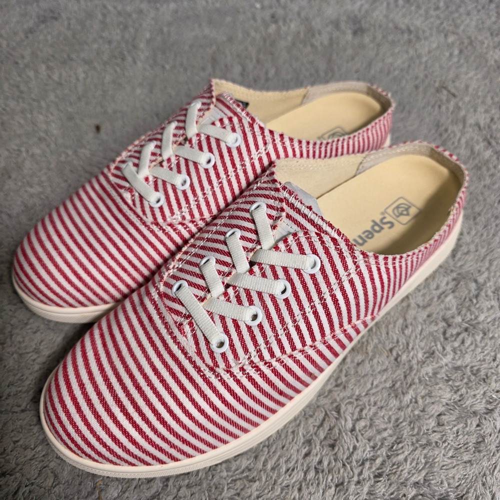 Spenco Santa Rosa Women's Mule Sneakers Red White Stripe Canvas‎ Shoes 8.5 NEW